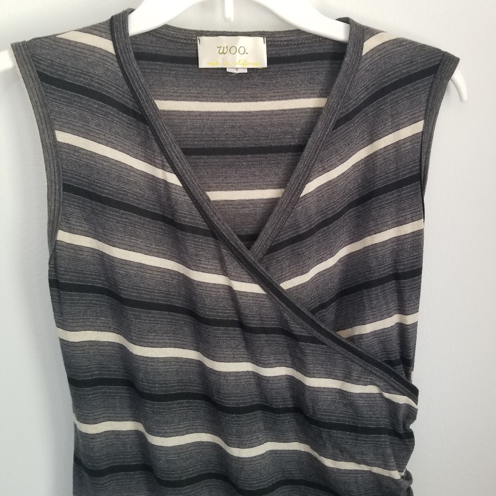 WOO 100% Cotton Stripe Maxi Dress Faux Wrap Modest Long Full Length Soft Casual